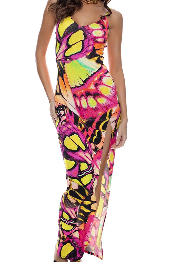 Luli Fama Flutter Fitted Side Slit Maxi Dress